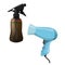 Cartoon trendy design hair styling equipment tool set. Brown figure bottle with spray for hair moistening and electric hairdryer.