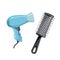 Cartoon trendy design hair styling equipment tool set. Thermal black round hair brush for styling and electric hairdryer. Vector b