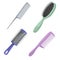 Cartoon trendy design haircare icon set. Metal and plastic comb, cylinder and brush hair styling accessories tools.