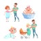 Cartoon trendy design happy family sticker icons. Washing baby in basin and crawl baby, pregnant woman with husband, mother and fa