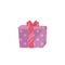 Cartoon trendy design icon of pink polka paper gift box with red ribbon. Christmas, birthday and party symbol.