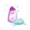 Cartoon trendy design pink container with liquid soap and blue bath sponge icon. Shower gel. Hygiene and body care vector illustra