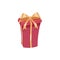 Cartoon trendy design red gift box with gold ribbon and bow. Birthday and Christmas vector icon.