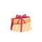 Cartoon trendy design round yellow gift box with red ribbon and bow. Birthday and Christmas vector icon.