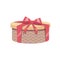 Cartoon trendy design vintage round gift box with red ribbon and bow. Birthday and Christmas vector icon.
