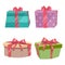 Cartoon trendy design vintage round gift box set with different colors ribbons and bows. Birthday and Christmas vector icon.