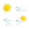 Cartoon trendy design weather icons set. Sun, fluffy clouds, rain cloud and partly cloudy symbol.