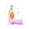 Cartoon trendy design yellow bottle with dispenser and pink bath sponge icon. Shower gel with foam bubbles vector illustration.