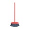 Cartoon trendy red plastic bristle broom with stick icon. Hygiene and home cleaning vector illustration