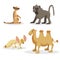 Cartoon trendy style african animals set. Baboon monkey, fennec fox, meerkat and bactrian camel . Closed eyes and cheerful mascots