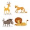 Cartoon trendy style african animals set. Cheetah, antelope, lion, pig warthog. Closed eyes and cheerful mascots.