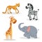 Cartoon trendy style african animals set.Cheetah, zebra, giraffe and elephant. Closed eyes and cheerful mascots.