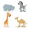 Cartoon trendy style african animals set. Hippo, zebra, giraffe, dromedary camel. Closed eyes and cheerful mascots.