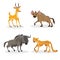 Cartoon trendy style african animals set. Hyena, wildebeest, cheetah and antelope gazelle. Closed eyes and cheerful mascots.