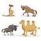 Cartoon trendy style african animals set. Hyena, wildebeest, meerkat and bactrian camel . Closed eyes and cheerful mascots.