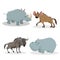 Cartoon trendy style african animals set. Rhino, hyena, wildebeest antelope, hippo. Closed eyes and cheerful mascots.