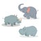 Cartoon trendy style big african animals set. Elephant, rhino and hippo. Closed eyes and cheerful mascots.