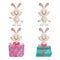 Cartoon trendy style cute laughing and smiling bunny mascot set with gift box.