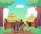 Cartoon tribe ethnic people in Africa vector illustration, African woman with child, men with spears, rural hut house
