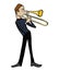 Cartoon trombonist. Musician playing a trombone.