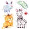 Cartoon tropical animal characters. Little lion, zebra and rhino cubs.