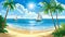 A cartoon of a tropical beach with palm trees and sailboats, AI