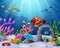 Cartoon tropical fish with beautiful underwater world