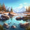 Cartoon Tundra: Reflective Water, Trees, And Rocks