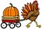 cartoon turkey pulling wagon with pumpkin