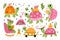 Cartoon turtle. Colorful animals. Baby and adult tortoises. Reptiles celebrating birthday or skateboarding. Pink shells