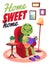 Cartoon turtle poster. Cozy home interior, funny character reads book in armchair, animal in room, relax and education