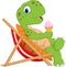 Cartoon turtle sitting on beach chair and holding an ice cream