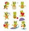 Cartoon turtles, walking comic turtle. Happy funny tortoise various poses. Cute sea animal rest and jogging, hobby and