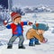 Cartoon two boys playing snowballs in winter