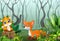 Cartoon two foxes playing in the foggy forest