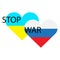 Cartoon two hearts stop war. Stop war. No war. Hearts of Ukraine and Russia. Vector illustration. stock image.