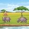 Cartoon two hippos in the Savannah