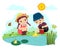 Cartoon of two little kids playing with paper boat in the pond