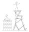 Cartoon of Two Men or Businessmen, One of Them is building Slowly Quality Tower From Bricks, Second Man is Standing on