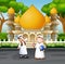 Cartoon two muslim peoples in front a mosque