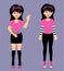 Cartoon two teenage girls emo. Young women with black hair wearing mini skirt, cat hairband, pants, sneakers. Y2k 2000s style