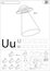 Cartoon UFO, unicorn and boy on the unicycle. Alphabet tracing w