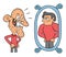 Cartoon ugly man looks in the mirror and thinks he`s so handsome, vector illustration