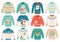 Cartoon ugly sweaters. Warm winter clothes with ornaments, santa, penguin, white bear. Christmas holiday knitted sweater