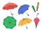 Cartoon umbrellas. Hand drawn open, close and folded umbrella, rainy seasonal parasols flat vector illustration set on white