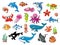 Cartoon underwater animals characters, sea fishes