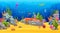 Cartoon underwater landscape, sea bottom corals