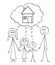 Cartoon of Unhappy Family, Couple of Man and Woman and Two Children Thinking About Buying Family House