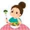 Cartoon of an unhappy girl does not want to eat fresh vegetable salad
