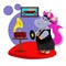Cartoon unicorn in a 1920s fashion dress listening to records on a gramophone